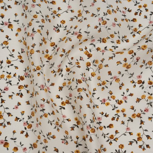 Charmeuse-Backed Silk Print Made in Italy - Ivory, Burnt Orange and Pink Little Flower Vines - Deadstock
