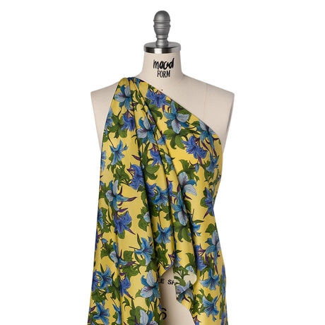Silk Crepe de Chine Print Made in Italy - Lemon Yellow, Blue and Green Lilies - Deadstock