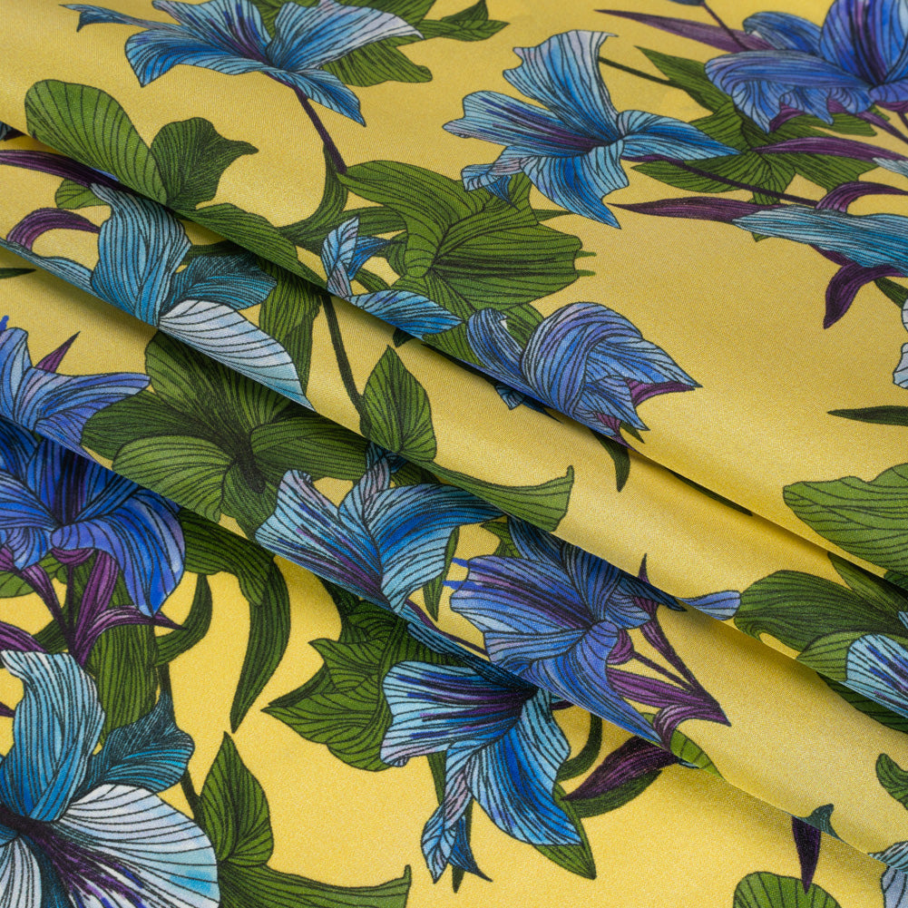 Silk Crepe de Chine Print Made in Italy - Lemon Yellow, Blue and Green Lilies - Deadstock