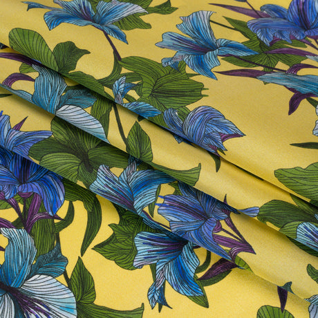 Silk Crepe de Chine Print Made in Italy - Lemon Yellow, Blue and Green Lilies - Deadstock