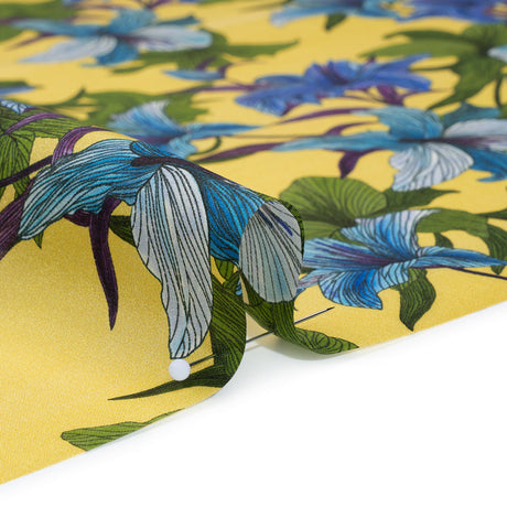 Silk Crepe de Chine Print Made in Italy - Lemon Yellow, Blue and Green Lilies - Deadstock