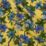 Silk Crepe de Chine Print Made in Italy - Lemon Yellow, Blue and Green Lilies - Deadstock