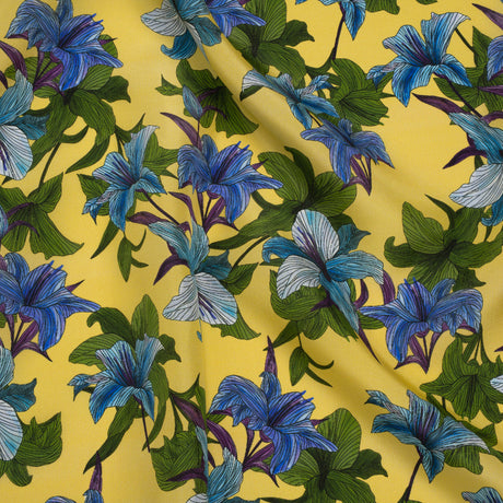 Silk Crepe de Chine Print Made in Italy - Lemon Yellow, Blue and Green Lilies - Deadstock