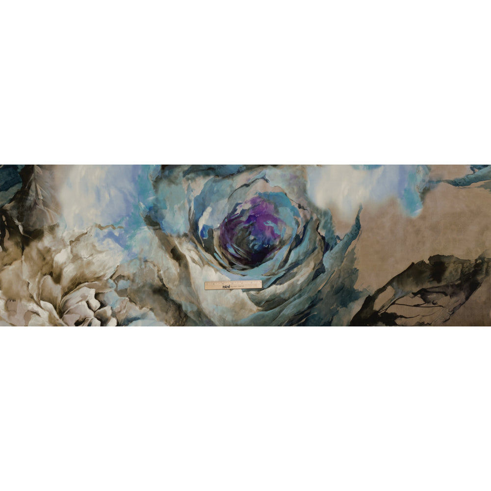 Silk Crepe Print Made in Italy - Blue, Purple and Brown Painterly Florals - Deadstock