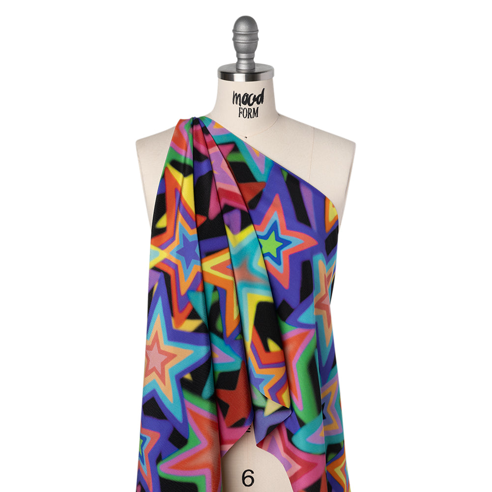 Crinkled Silk Crepe de Chine Print Made in Italy - Rainbow on Black Stars - Deadstock