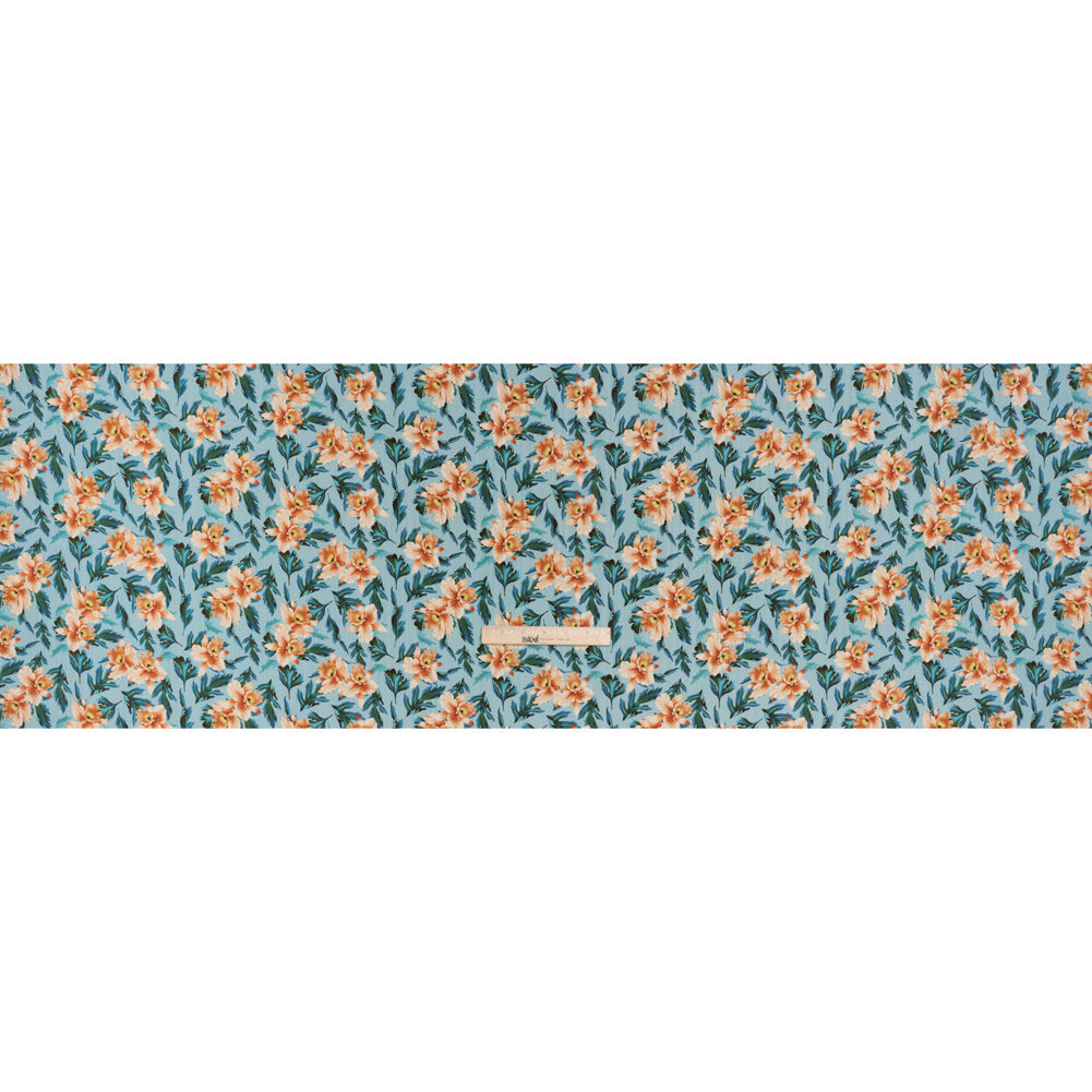 Texture Stripe Silk Dobby Made in Italy - Sky Blue, Peach and Teal Flowers and Leaves - Deadstock