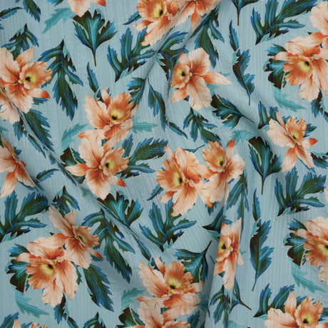 Texture Stripe Silk Dobby Made in Italy - Sky Blue, Peach and Teal Flowers and Leaves - Deadstock