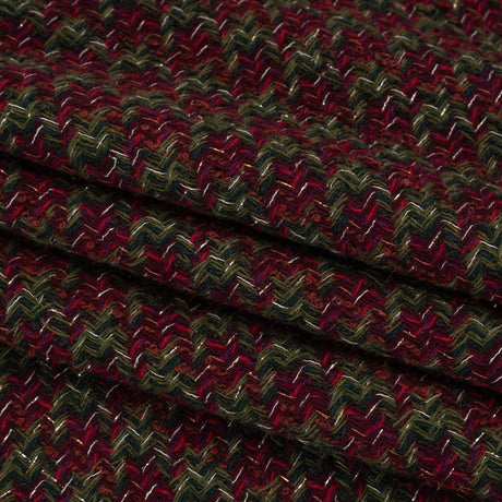 Metallic Wool Blend Tweed Twill Made in Italy - Olive Green, Dark Red and Gold Checks