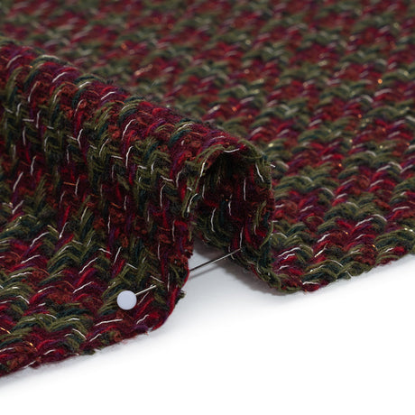 Metallic Wool Blend Tweed Twill Made in Italy - Olive Green, Dark Red and Gold Checks