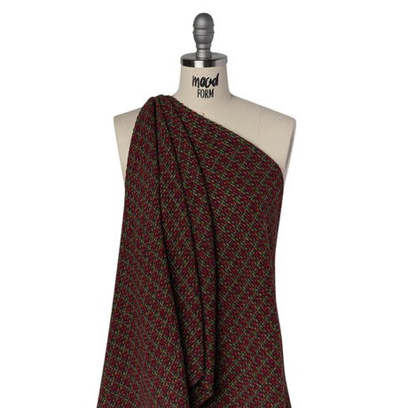 Metallic Wool Blend Tweed Twill Made in Italy - Olive Green, Dark Red and Gold Checks