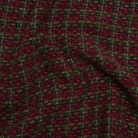 Metallic Wool Blend Tweed Twill Made in Italy - Olive Green, Dark Red and Gold Checks