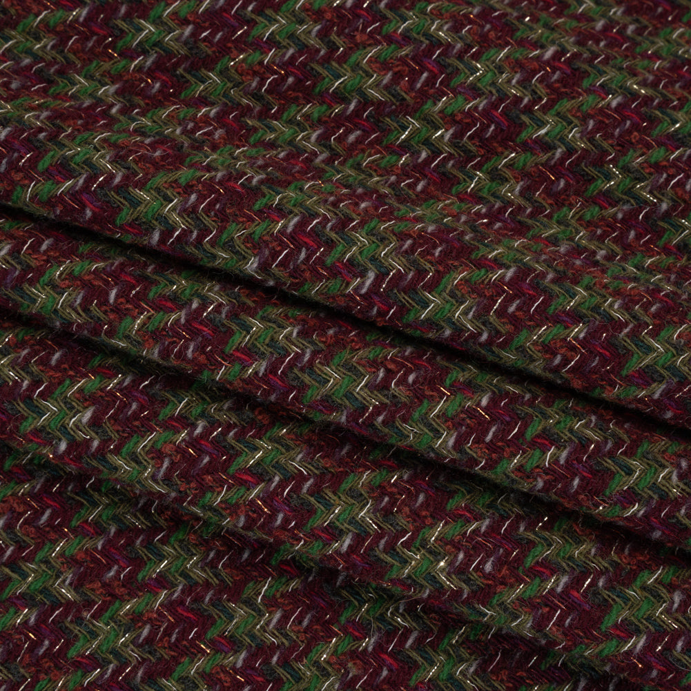 Metallic Wool Blend Tweed Twill Made in Italy - Bright Green, Burgundy and Gold Checks