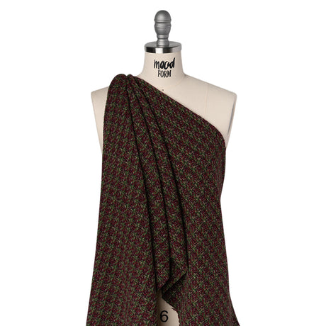 Metallic Wool Blend Tweed Twill Made in Italy - Bright Green, Burgundy and Gold Checks