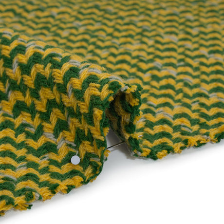 Wool Blend Tweed Twill Made in Italy - Green, Yellow and White Diagonal Stripes and Subtle Checks