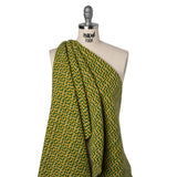 Wool Blend Tweed Twill Made in Italy - Green, Yellow and White Diagonal Stripes and Subtle Checks