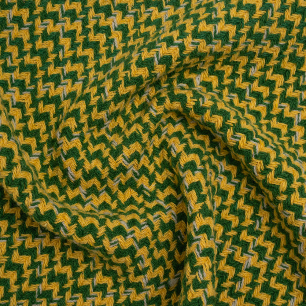 Wool Blend Tweed Twill Made in Italy - Green, Yellow and White Diagonal Stripes and Subtle Checks