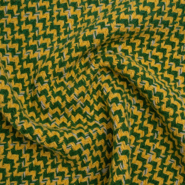 Wool Blend Tweed Twill Made in Italy - Green, Yellow and White Diagonal Stripes and Subtle Checks