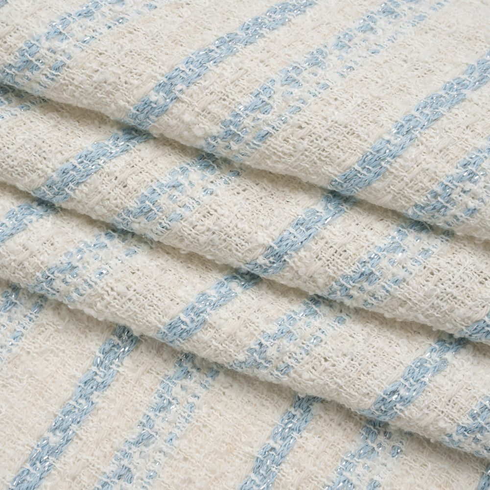 Metallic Wool Blend Loosely Woven Tweed Made in Italy - Off White, Baby Blue and Silver Stripes