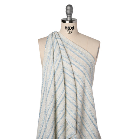 Metallic Wool Blend Loosely Woven Tweed Made in Italy - Off White, Baby Blue and Silver Stripes