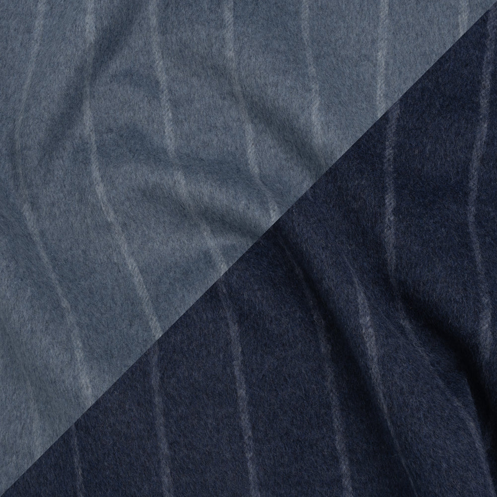 Brushed Wool Double Cloth Coating - Light Blue and Navy Chalk Stripes - Deadstock