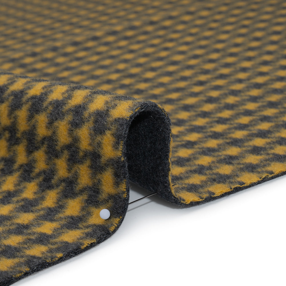 Brushed Wool Double Cloth Coating - Yellow and Gray Houndstooth and Charcoal Heathered - Deadstock