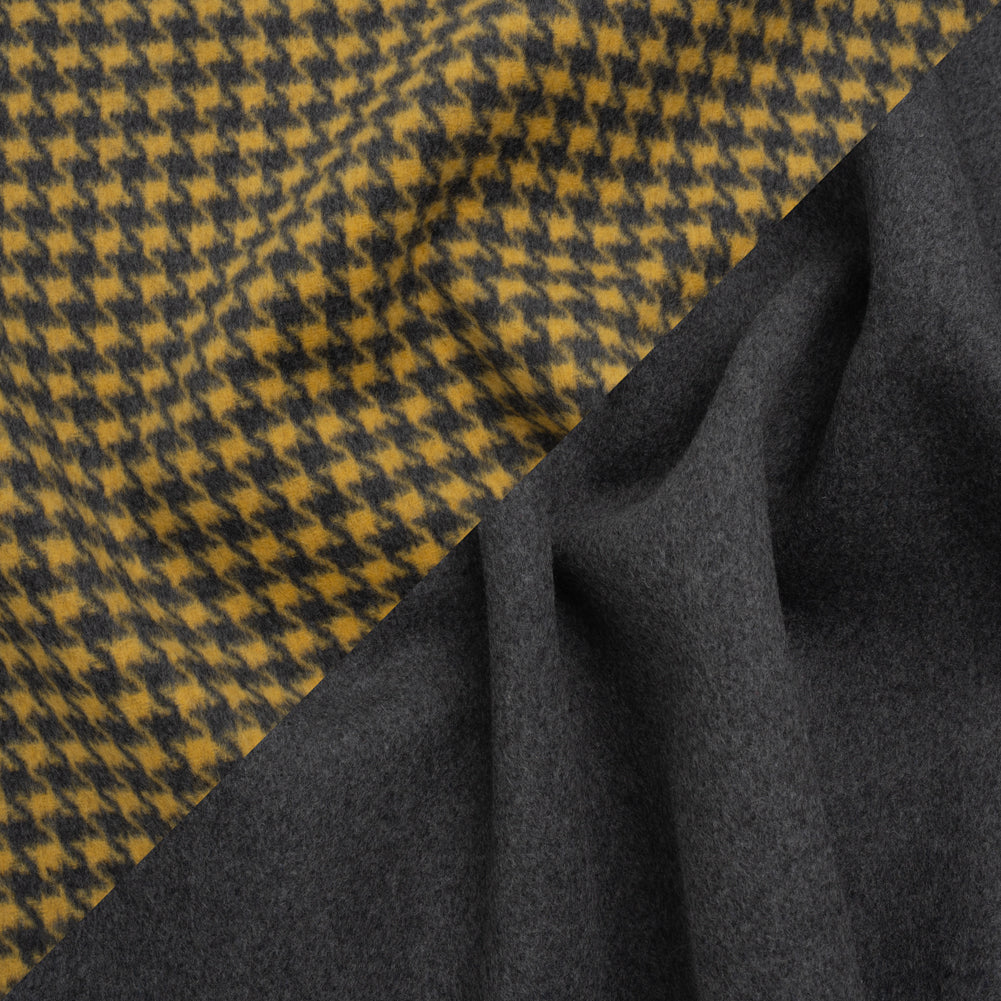 Brushed Wool Double Cloth Coating - Yellow and Gray Houndstooth and Charcoal Heathered - Deadstock