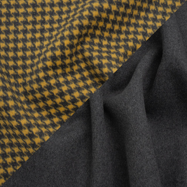 Brushed Wool Double Cloth Coating - Yellow and Gray Houndstooth and Charcoal Heathered - Deadstock