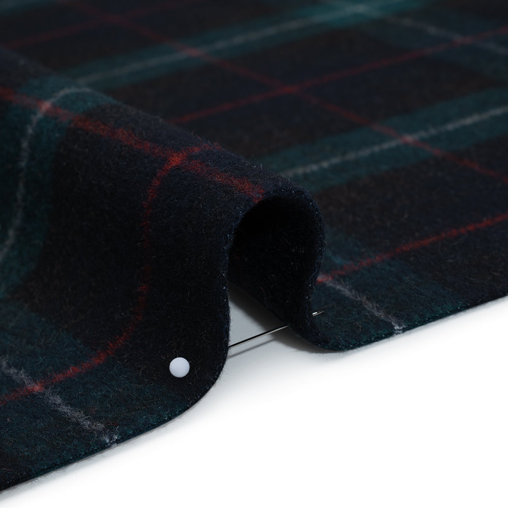 Brushed Wool Double Cloth Coating - Black, Deep Green and Red Plaid - Deadstock