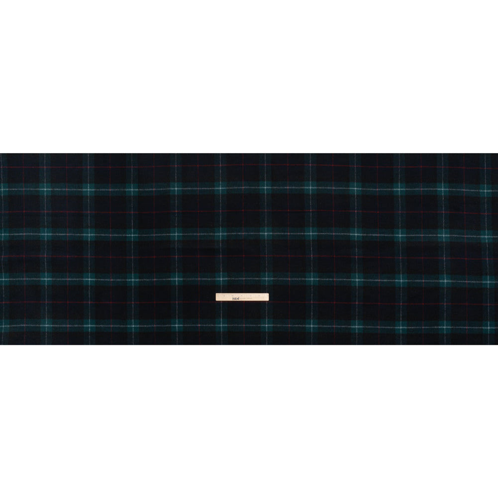Brushed Wool Double Cloth Coating - Black, Deep Green and Red Plaid - Deadstock