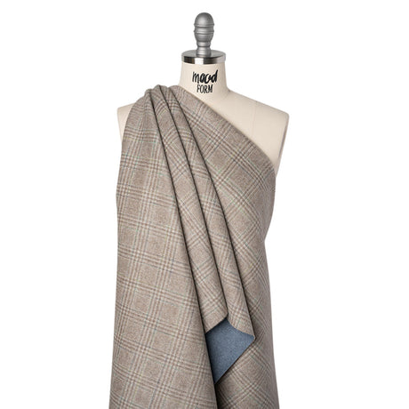 Brushed Wool Double Cloth Coating - Beige, Brown and Green Glen Plaid and Muted Blue Heathered - Deadstock