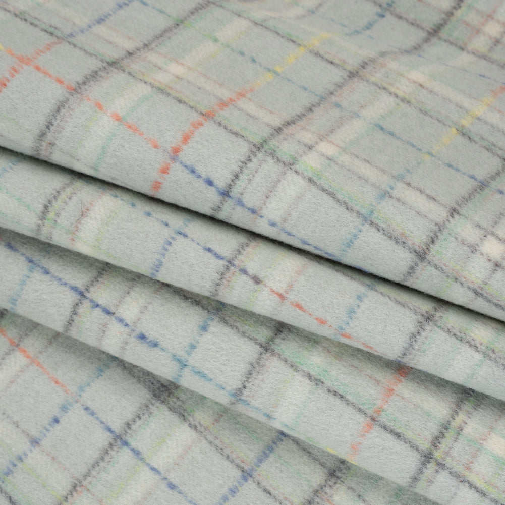 Brushed Wool Double Cloth Coating - Mint, Charcoal and Blue Plaid - Deadstock