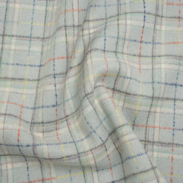 Brushed Wool Double Cloth Coating - Mint, Charcoal and Blue Plaid - Deadstock