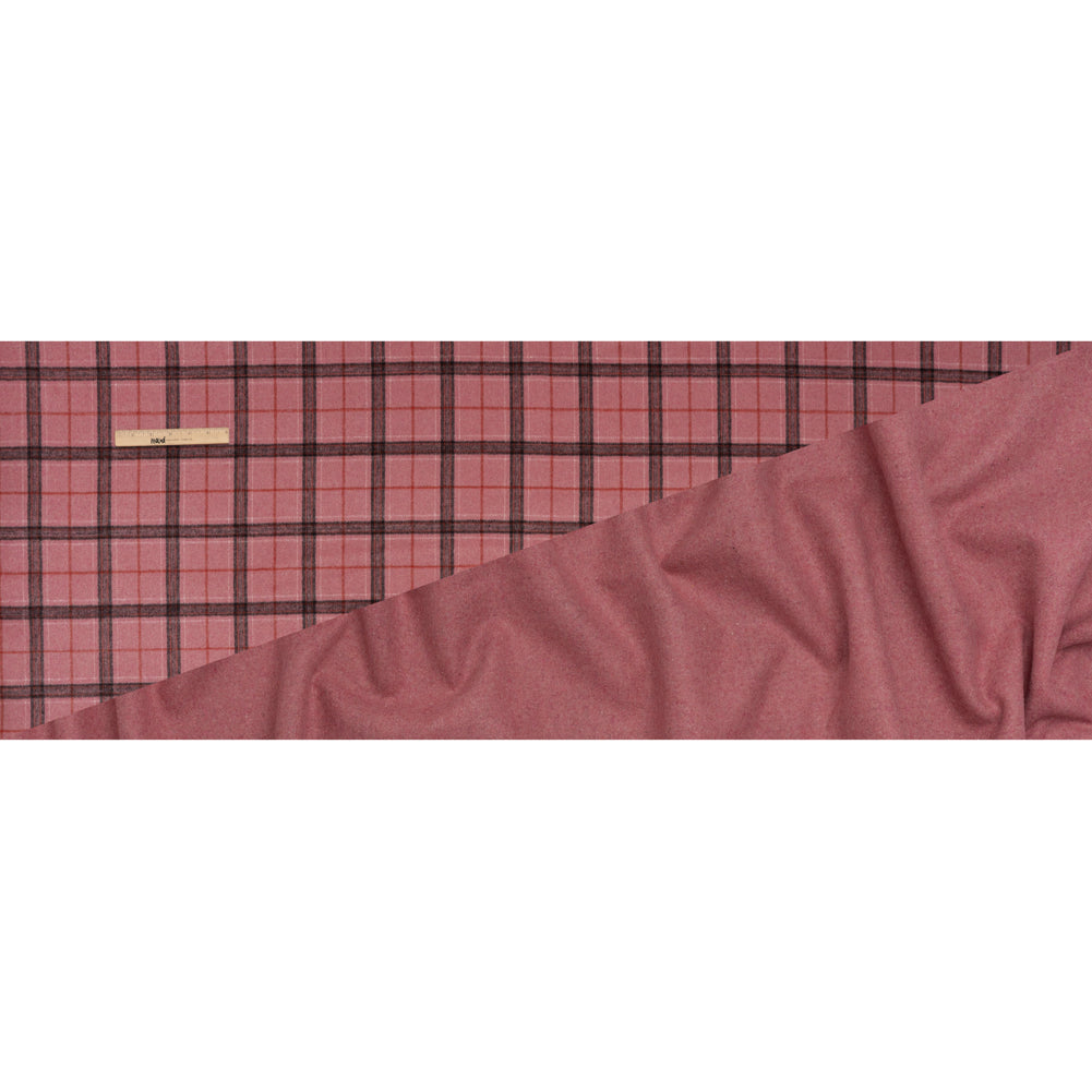 Brushed Wool Double Cloth Coating - Strawberry Pink, Charcoal and Red Plaid and Pink Heathered - Deadstock