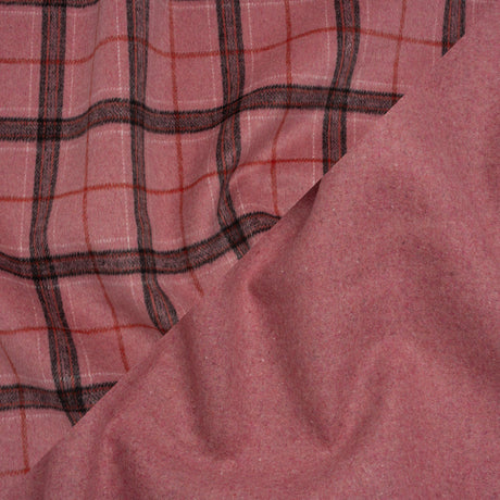 Brushed Wool Double Cloth Coating - Strawberry Pink, Charcoal and Red Plaid and Pink Heathered - Deadstock