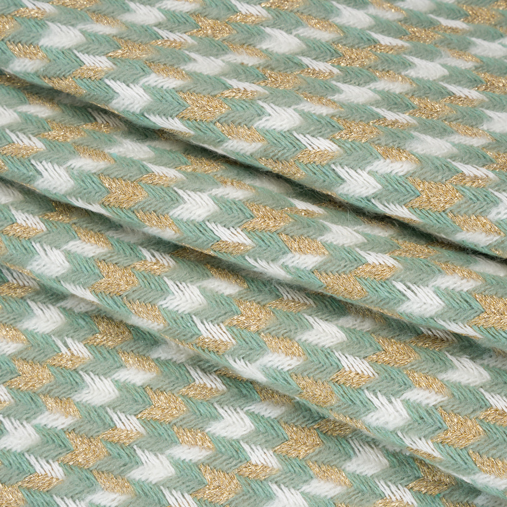 Metallic Wool and Acrylic Tweed Twill - Mint Green, Gold and White Geometric - Deadstock