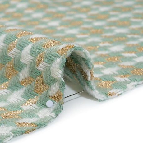 Metallic Wool and Acrylic Tweed Twill - Mint Green, Gold and White Geometric - Deadstock