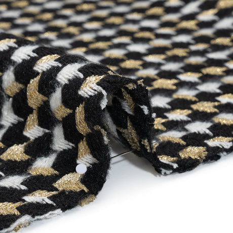 Metallic Wool and Acrylic Tweed Twill - Black, Gold and White Geometric - Deadstock