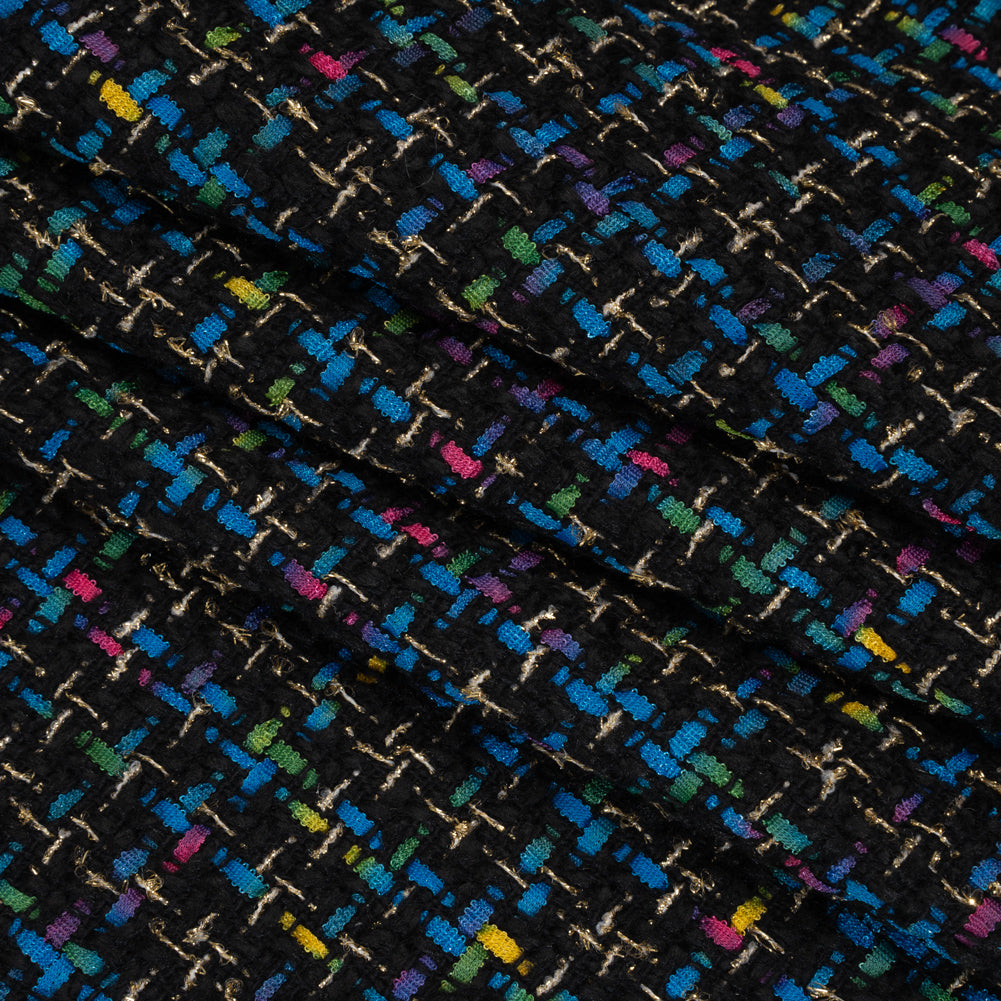 Metallic Acrylic and Wool Tweed - Black, Turquoise Blue and Gold - Deadstock