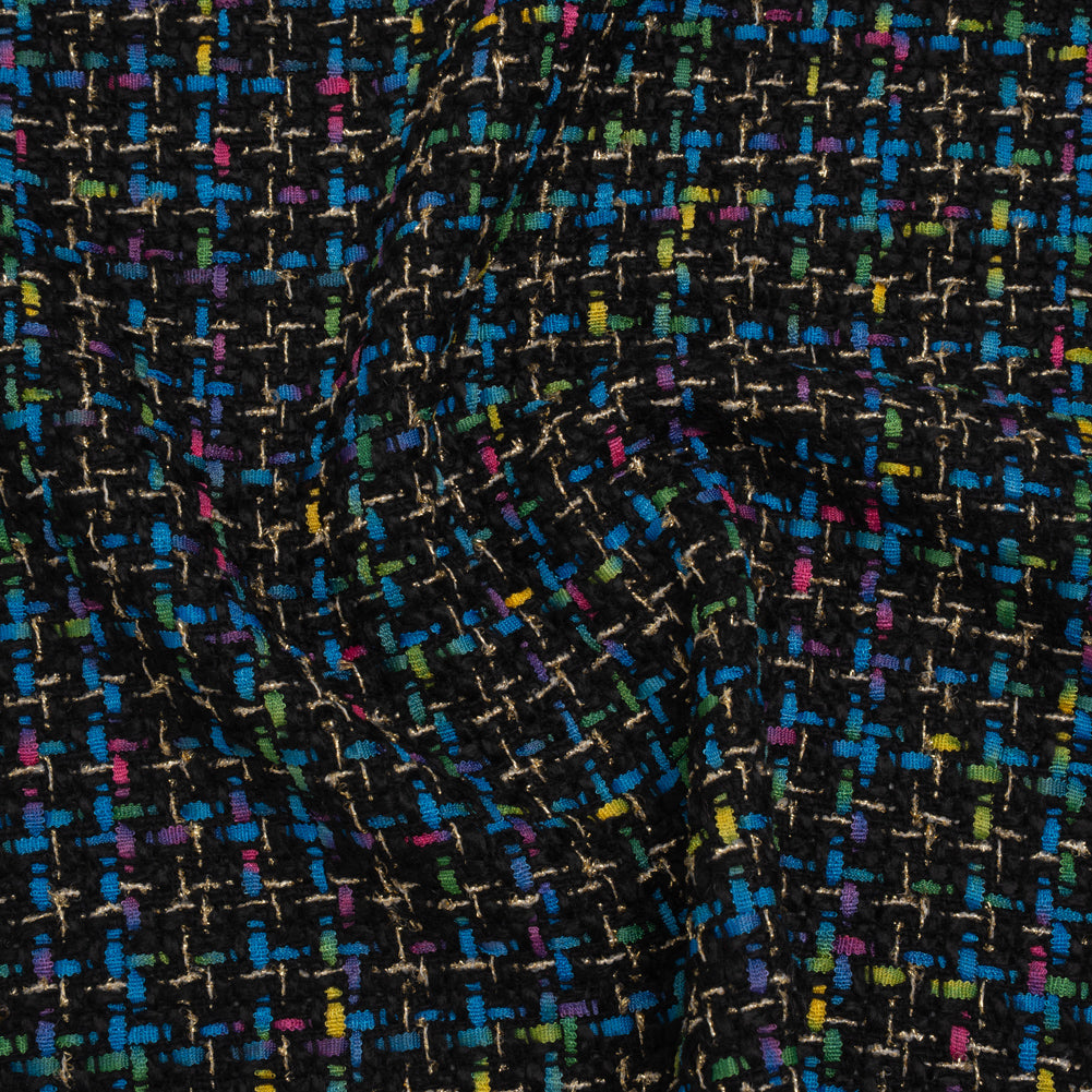 Metallic Acrylic and Wool Tweed - Black, Turquoise Blue and Gold - Deadstock