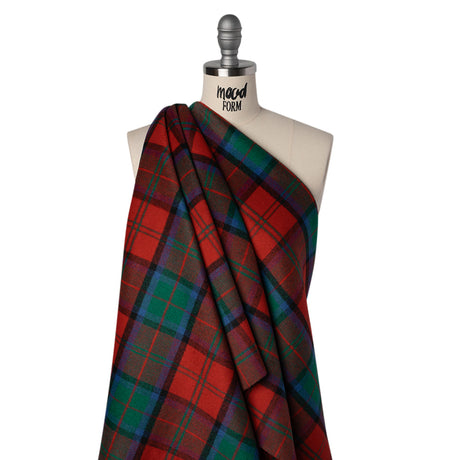 Brushed Wool Double Cloth Coating - Red, Green and Black Plaid - Deadstock