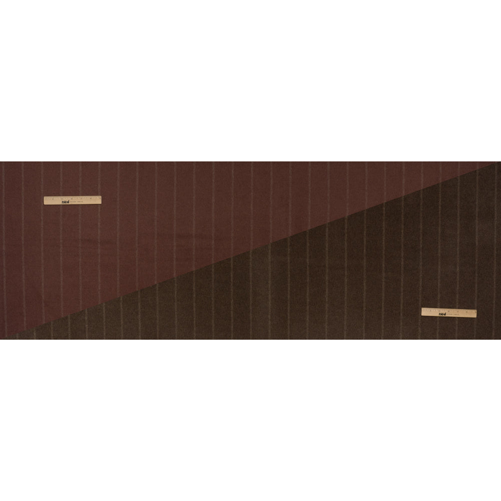 Brushed Wool Double Cloth Coating - Burgundy and Dark Brown Chalk Stripes - Deadstock