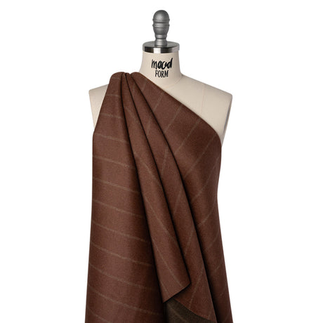 Brushed Wool Double Cloth Coating - Burgundy and Dark Brown Chalk Stripes - Deadstock