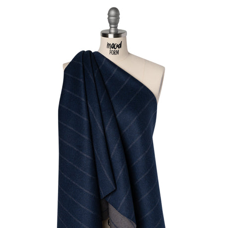 Brushed Wool Double Cloth Coating - Navy Blue and Gray Chalk Stripes - Deadstock