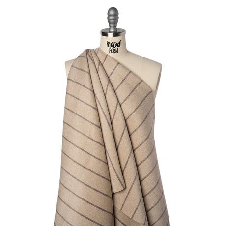 Brushed Wool Double Cloth Coating - Beige and Taupe Chalk Stripes - Deadstock
