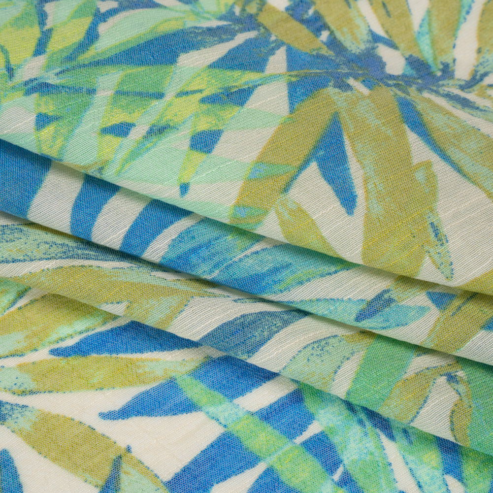 Slubbed Polyester and Rayon Woven - Blue, Green and Beige Palm Leaves - Designer Deadstock
