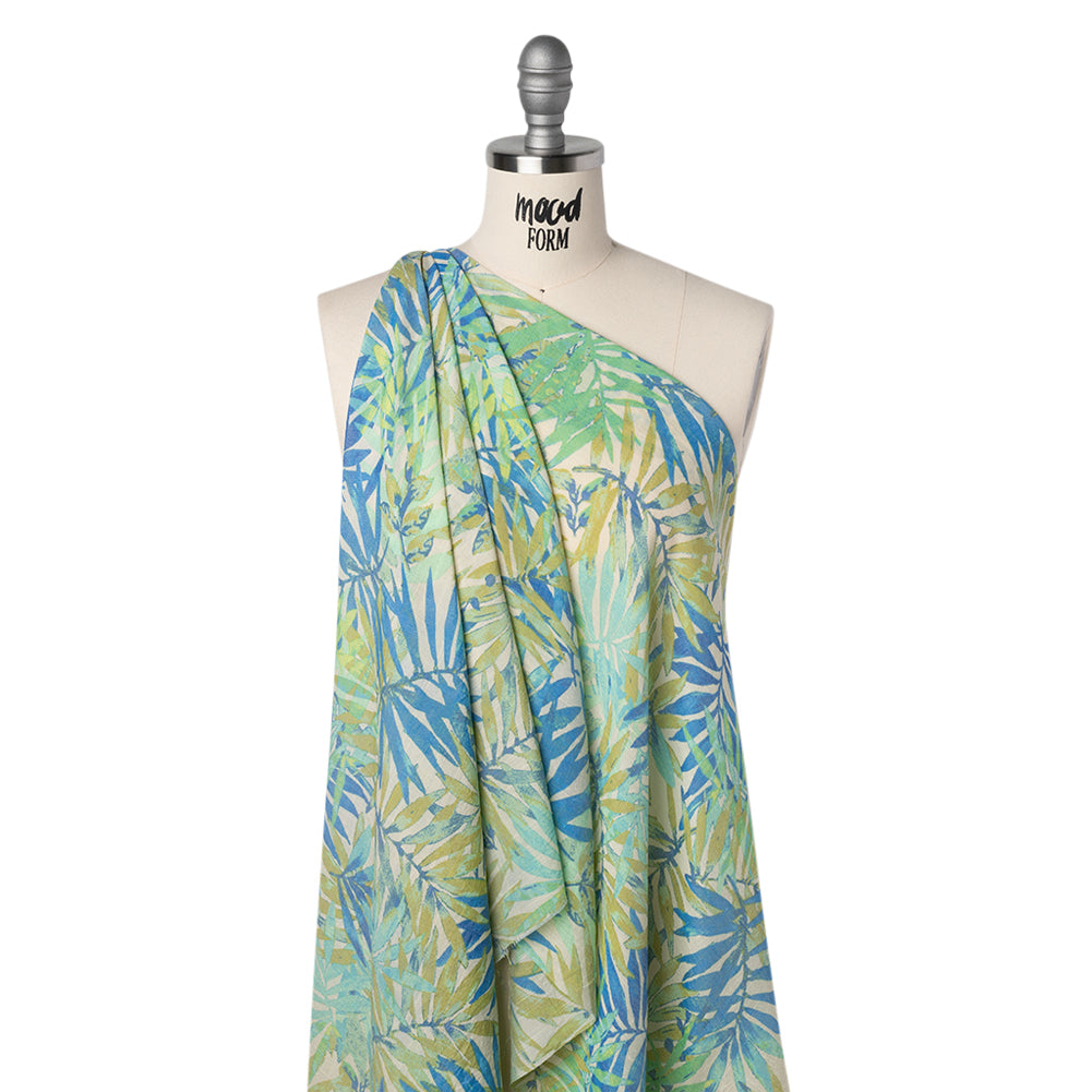 Slubbed Polyester and Rayon Woven - Blue, Green and Beige Palm Leaves - Designer Deadstock