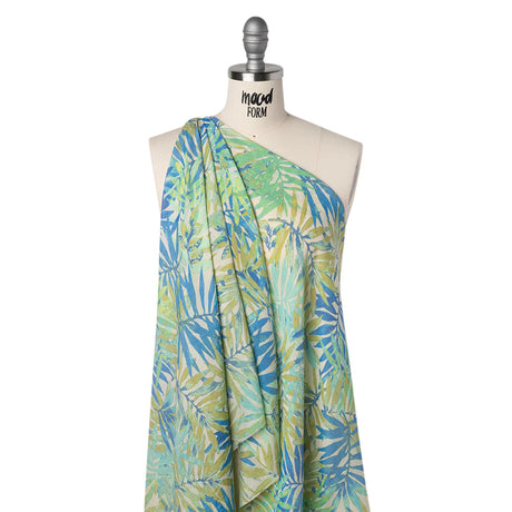 Slubbed Polyester and Rayon Woven - Blue, Green and Beige Palm Leaves - Designer Deadstock