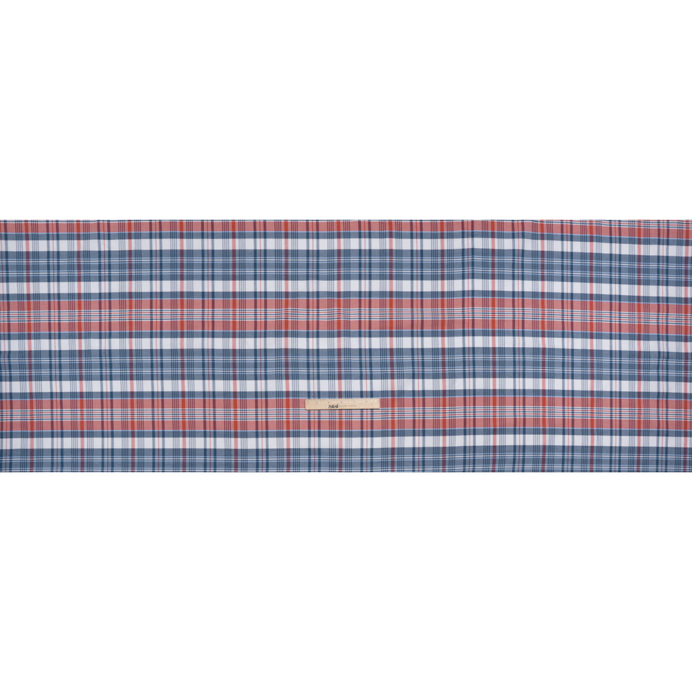 Cotton Oxford Shirting - Classic Blue, Cherry Tomato and White Plaid - Deadstock