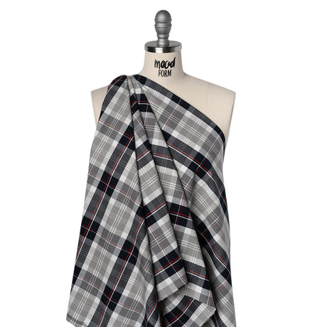 Cotton Oxford Shirting - Warm Gray, Cool Black and Red Plaid - Deadstock