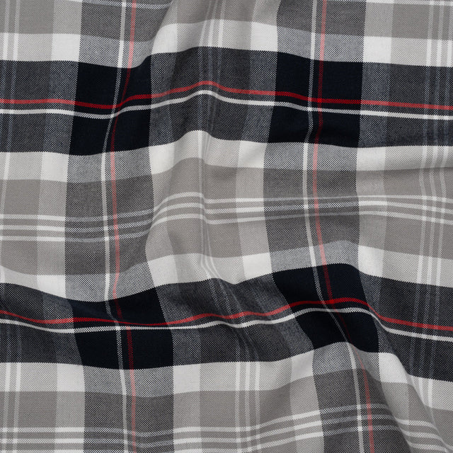 Cotton Oxford Shirting - Warm Gray, Cool Black and Red Plaid - Deadstock